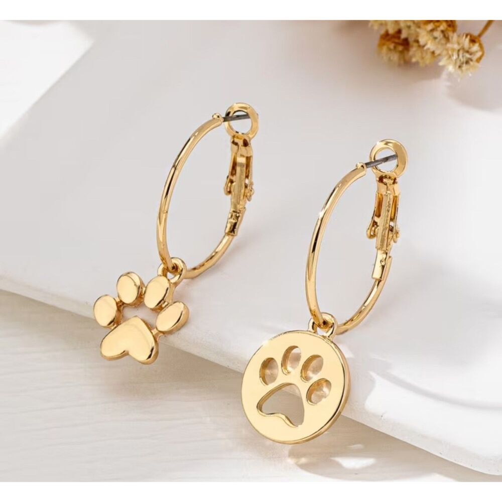 Gold Lever Back HOOP Earrings Dangling Paw Print & Cut Out 1.5"